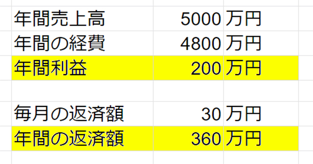 年間売上高 5000万円 年間の経費 4800万円 年間利益 200万円 毎月の返済額 30万円 年間の返済額 360万円